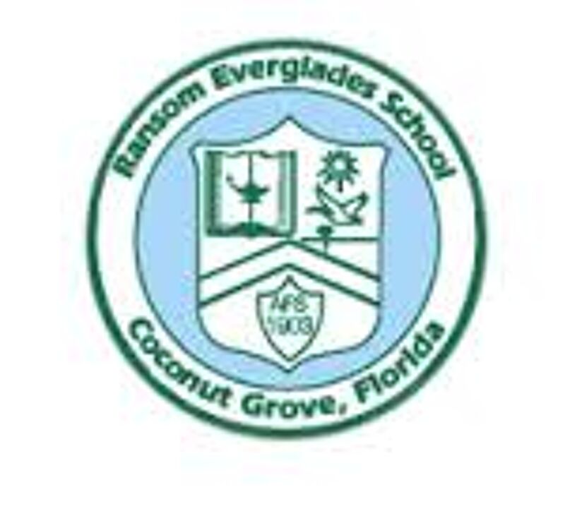 The image shows the seal of Ransom Everglades School, located in Coconut Grove, Florida. The seal is circular and features a light blue background with a green border. Inside the circle, there's a shield divided into sections with different symbols, including a book, a bird, and a sun. The letters "RES" and the year "1903" are also visible on the shield.